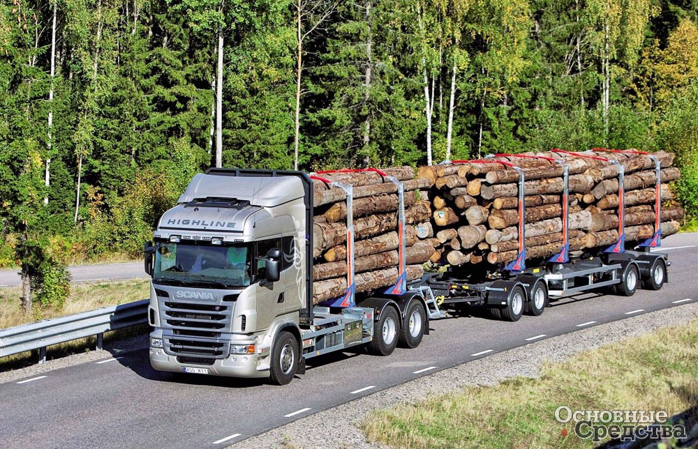 Лесовоз-сортиментовоз на трехосном шасси Scania с 4-осным прицепом вписывается в габариты ЕЭК ООН