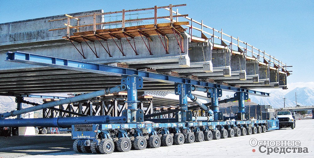 Перевозка и установка на фундаменты пролета моста с помощью самоходных модульных транспортеров типа К24 компании Kamag