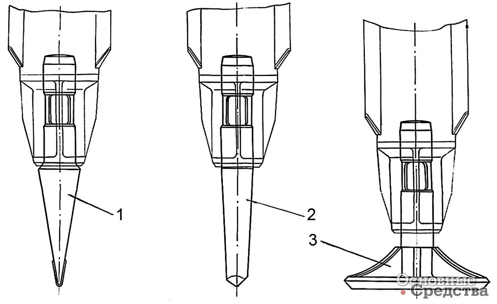 [b]Рис. 2[/b] Сменный инструмент гидромолота СП-70: 1 – клин для рыхления мерзлого грунта; 2 – пика; 3 – трамбовка