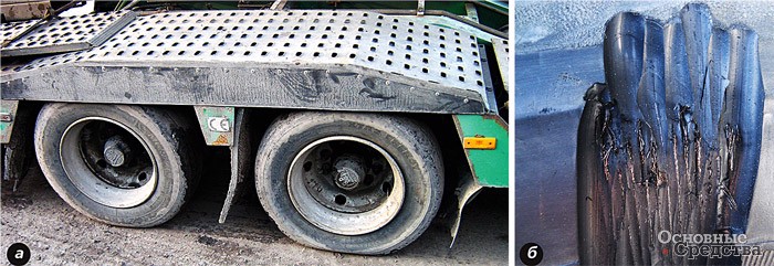 Фото 1.Подспущенное (правое) колесо (а) и измочаленные тросики вследствие движения при пониженном давлении (б)