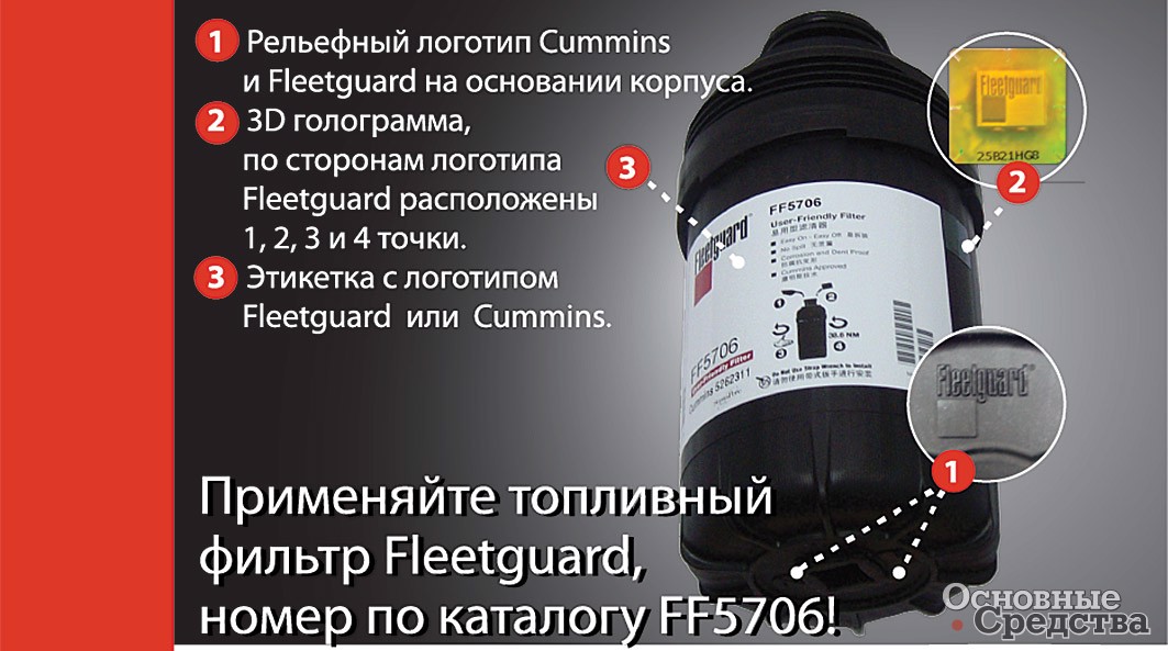 Информационный плакат Cummins Filtration рассказывает, как отличить оригинальный фильтр Fleetguard FF5706