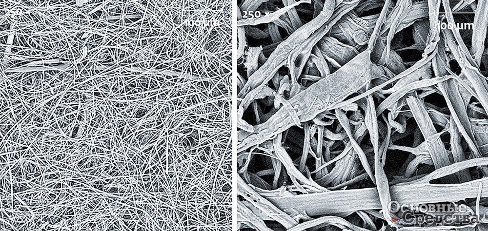 Волокна целлюлозы (бумаги, справа) и синтетического волокна (слева) при одинаковом увеличении